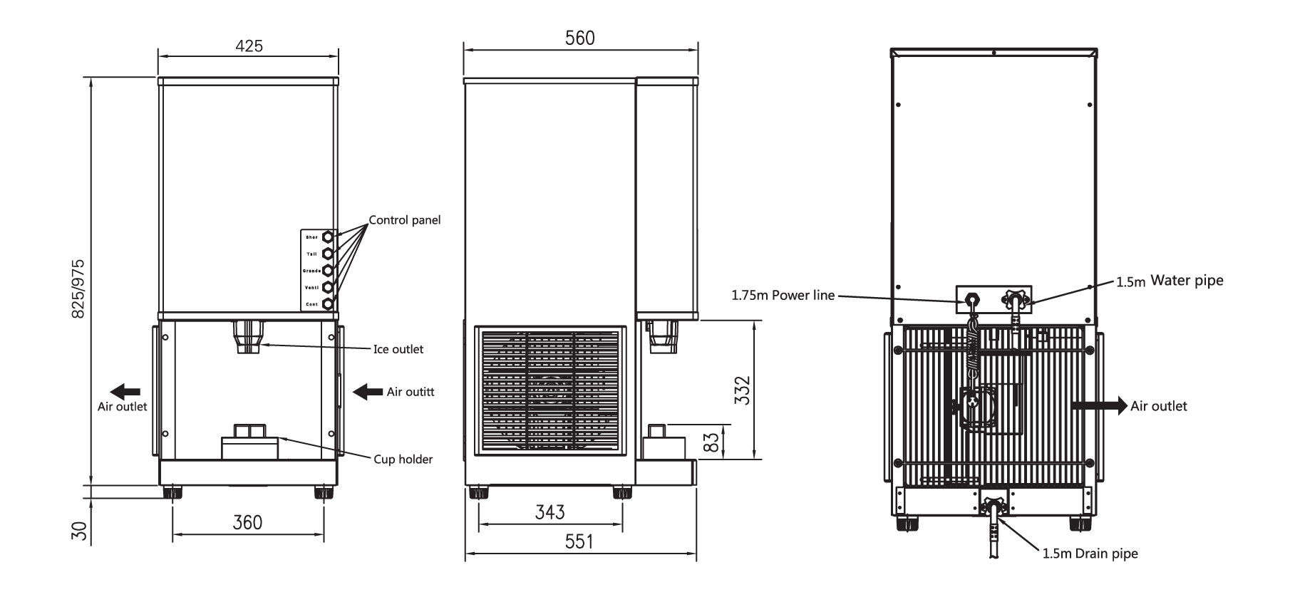 Tomori Automatic Ice Dispenser Dimension
